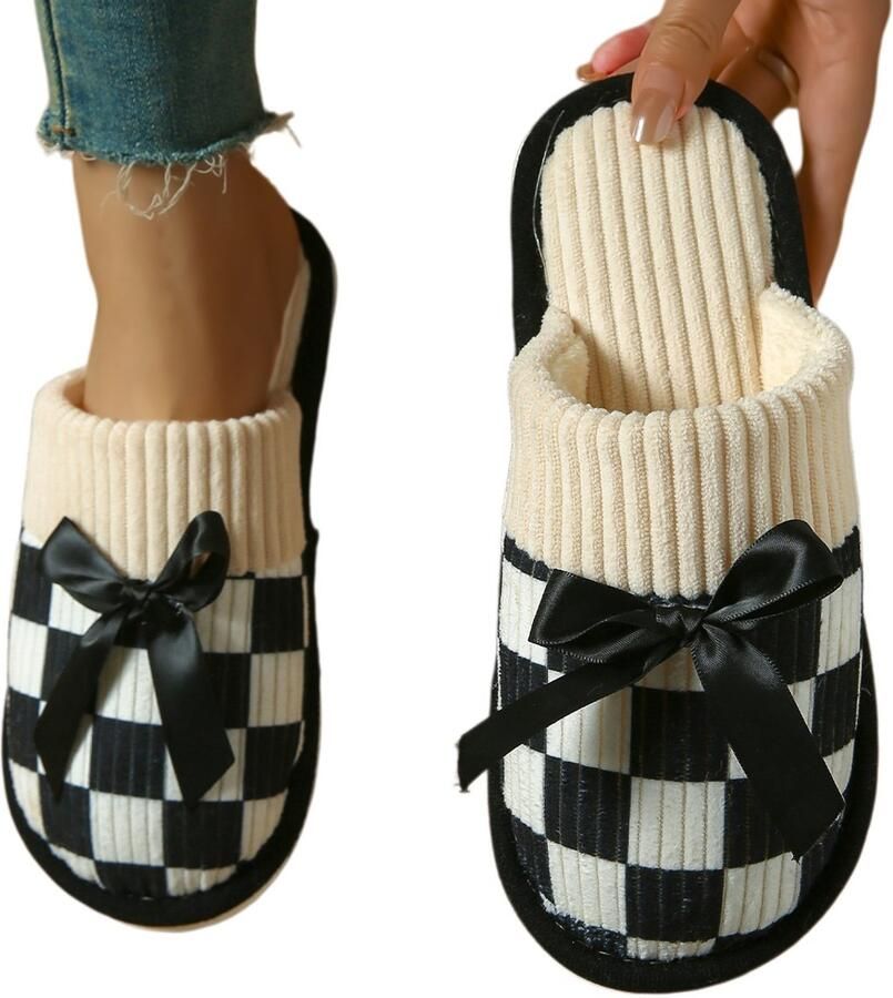 Slippers Unisex pluche slippers met ruitjespatroon Antislipzool Heerlijk zachte huisslippers Geschikt voor binnen en buiten –Zwart-Schoenmaat：38