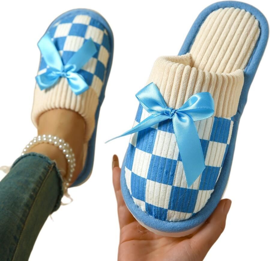 Slippers Unisex pluche slippers met ruitjespatroon Antislipzool Heerlijk zachte huisslippers Geschikt voor binnen en buiten –Blauw-Schoenmaat：44