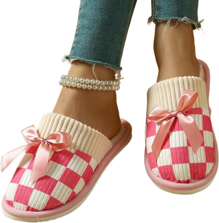 Slippers Unisex pluche slippers met ruitjespatroon Antislipzool Heerlijk zachte huisslippers Geschikt voor binnen en buiten –Roze-Schoenmaat：36
