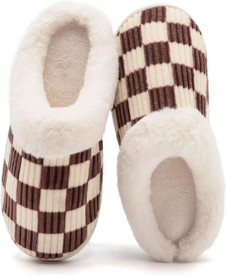 Sloffen Winter Fuzzy Geheugenschuim Geruite Pantoffels Slip op Anti-Skid Zool Slaapkamer Wolk Huisslippers Binnen Buiten - Foto 2