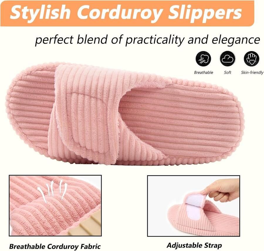 Sloffen Dames Herren Pantoletten met Fluweel en Memory Foam Katoenen Klittenband Antislip Comfortabele Open Teen Slippers voor Binnen en Buiten