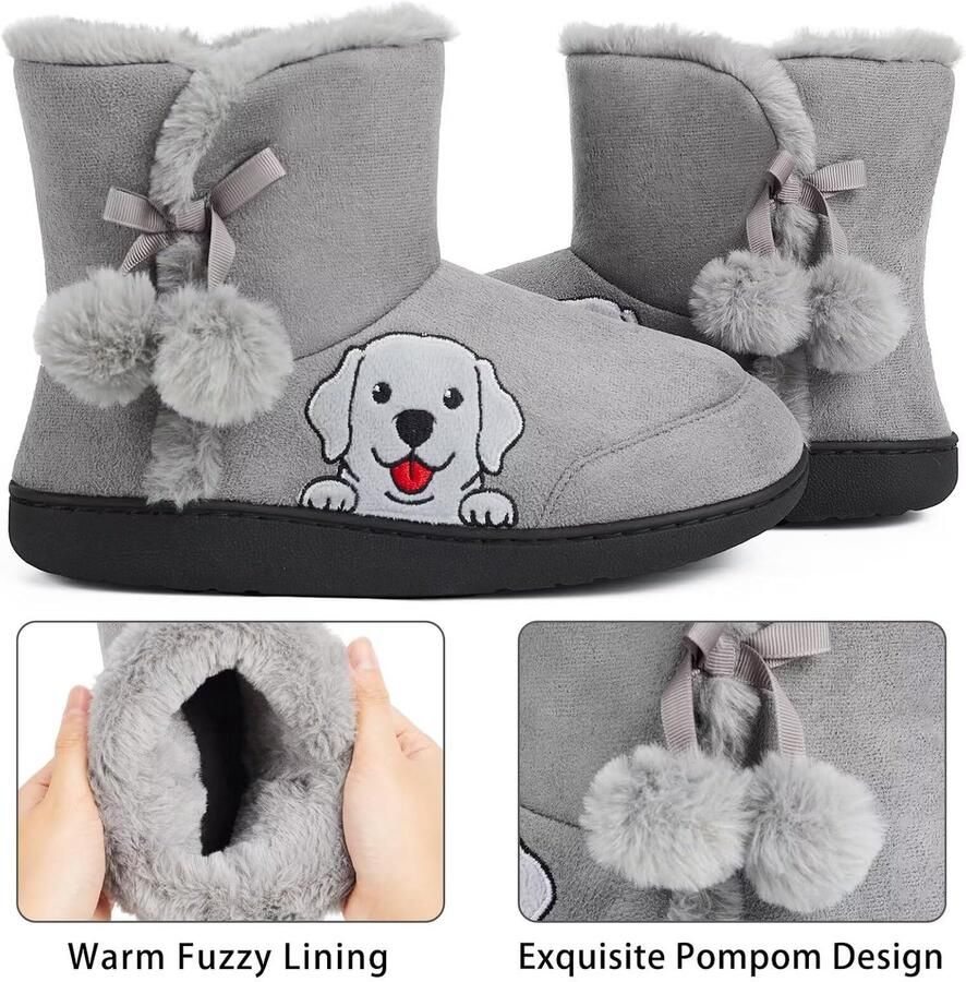 Sloffen Dames Pantoffel Laarzen Winter Warm Pluche Hoog Sloffen Boot met Geborduurde Cartoon Dieren