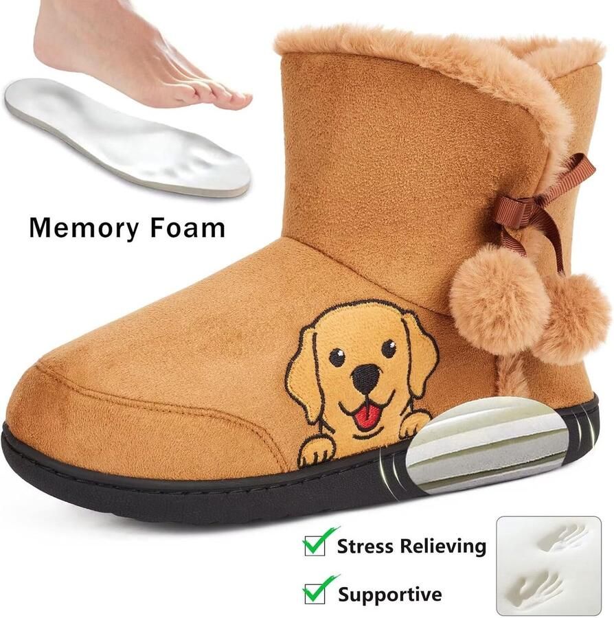 Sloffen Dames Pantoffel Laarzen Winter Warm Pluche Hoog Sloffen Boot met Geborduurde Cartoon Dieren