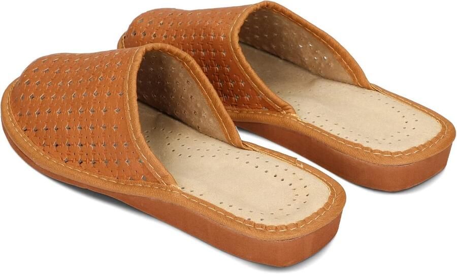 Sloffen Dames Pantoffels Leder Echt Leer Slippers mit Wol Beige