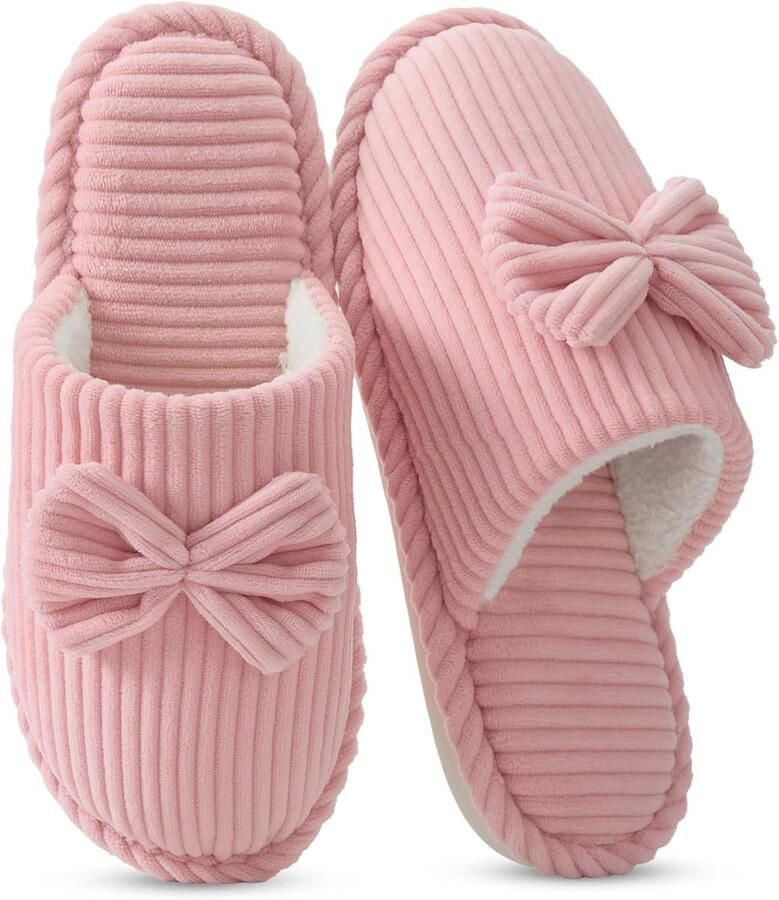 Sloffen Dames Pluizig Ribfluweel met Memory Foam Warme Winter Antislip Schattig Knus Zacht Comfortabel met Strik Pantoffels