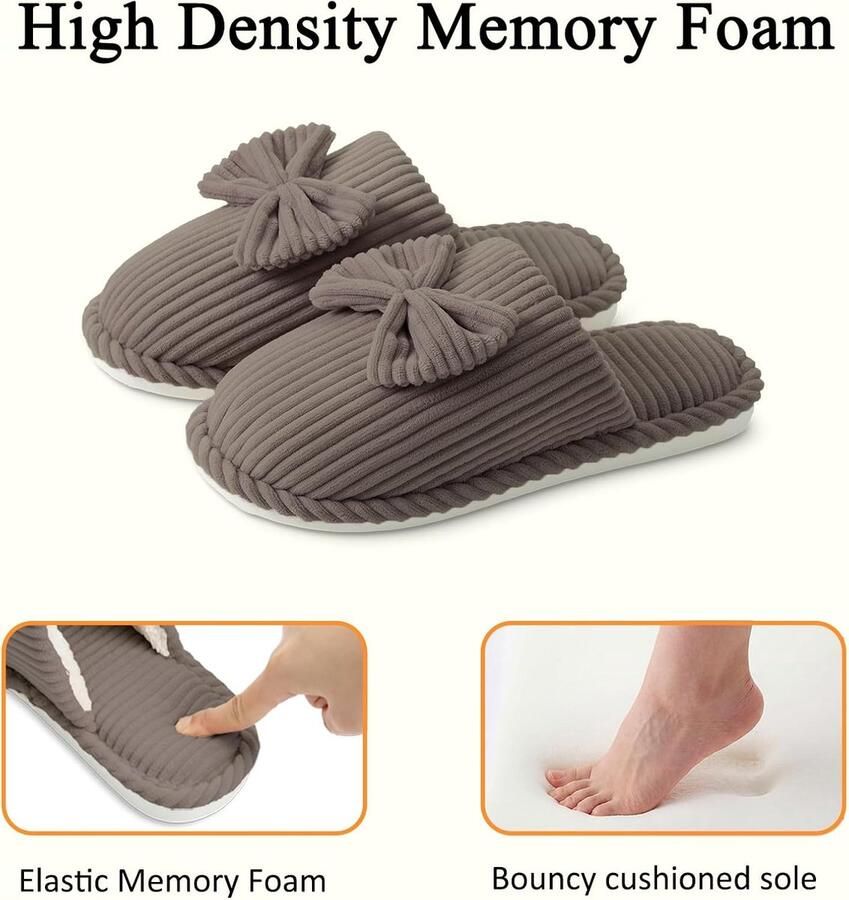 Sloffen Dames Pluizig Ribfluweel met Memory Foam Warme Winter Antislip Schattig Knus Zacht Comfortabel met Strik Pantoffels