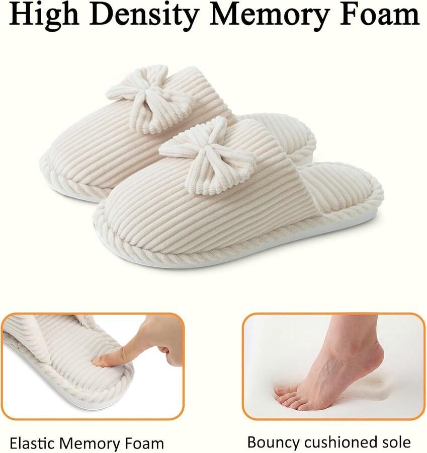 Sloffen Dames Pluizig Ribfluweel met Memory Foam Warme Winter Antislip Schattig Knus Zacht Comfortabel met Strik Pantoffels