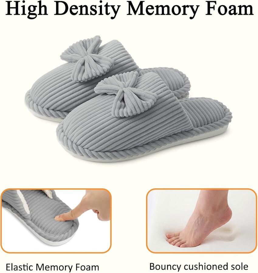 Sloffen Dames Pluizig Ribfluweel met Memory Foam Warme Winter Antislip Schattig Knus Zacht Comfortabel met Strik Pantoffels