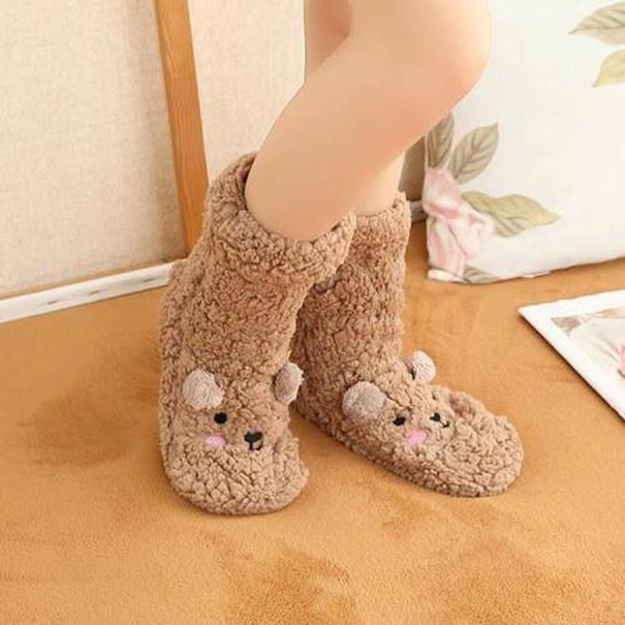 Sloffen dames warme sloffen beer bruin huissloffen anti slip huissokken sloffen meisjes - Foto 8