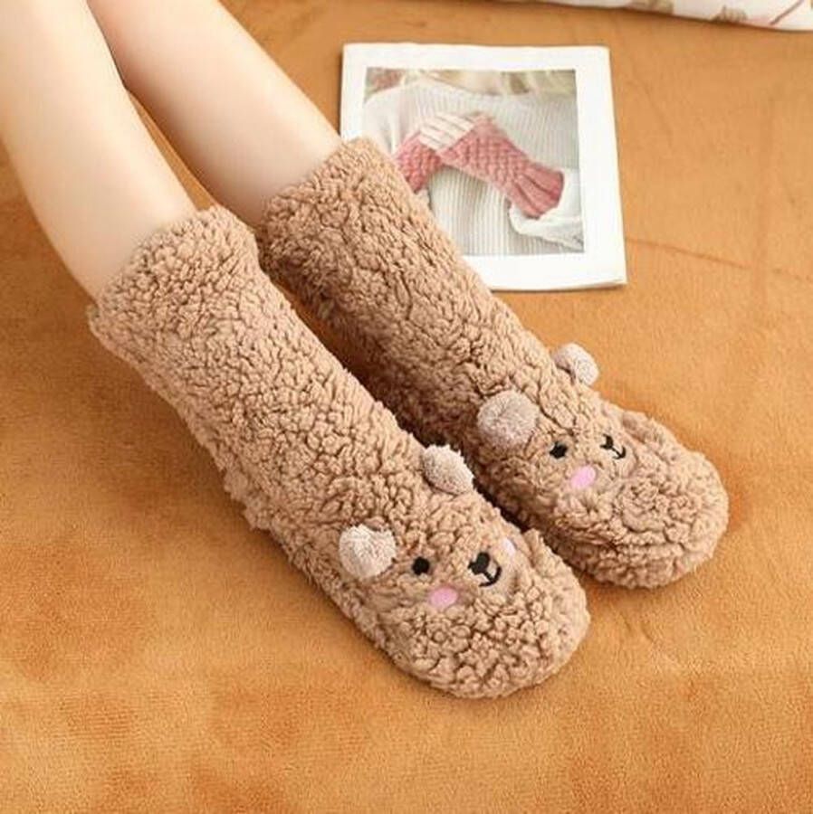 Sloffen dames warme sloffen beer bruin huissloffen anti slip huissokken sloffen meisjes - Foto 12