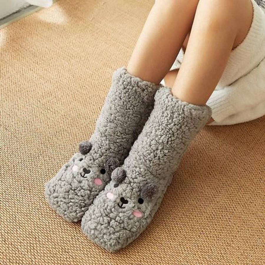 Merkloos Sans marque 1 Paar Warme Sloffen Beer Grijs|Huissokken | Anti-Slip