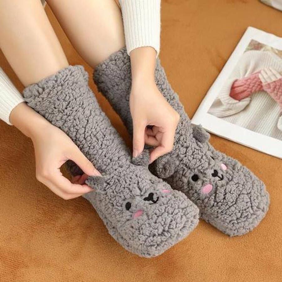 Merkloos Sans marque 1 Paar Warme Sloffen Beer Grijs|Huissokken | Anti-Slip - Foto 5