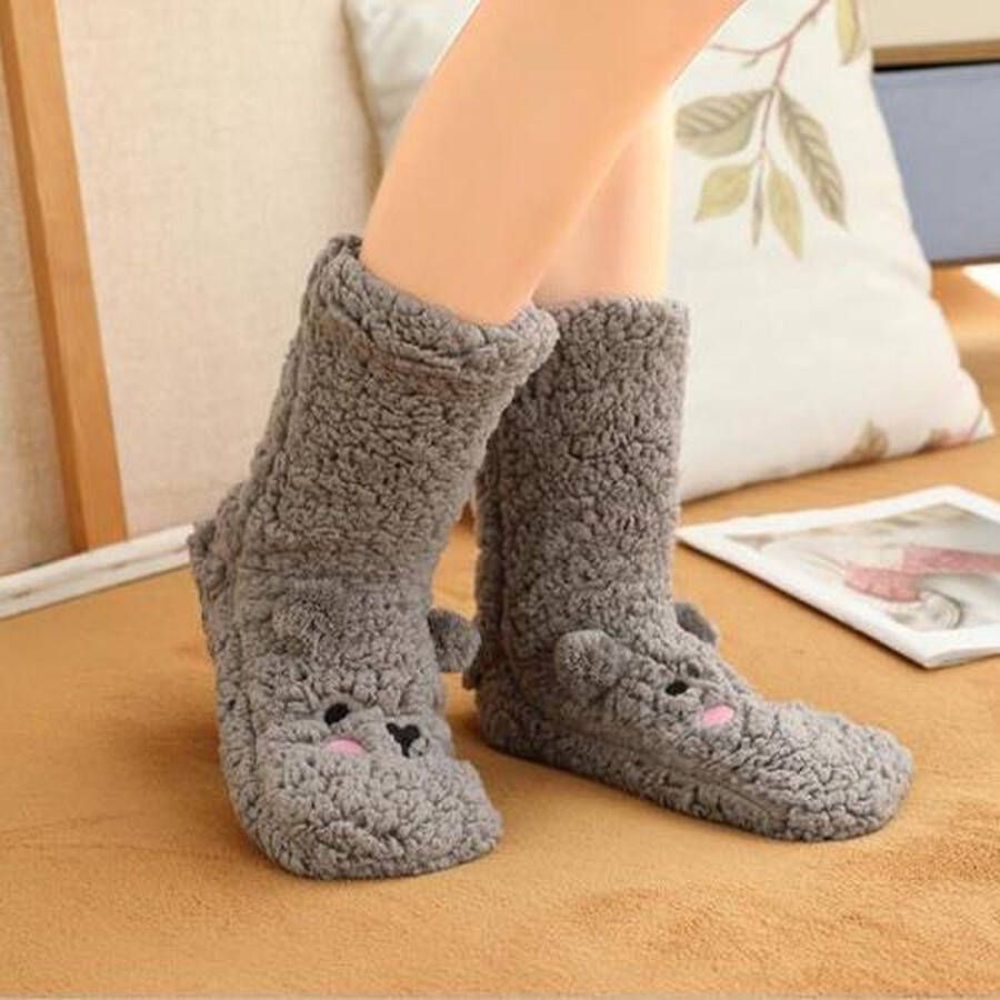 Merkloos Sans marque 1 Paar Warme Sloffen Beer Grijs|Huissokken | Anti-Slip - Foto 6