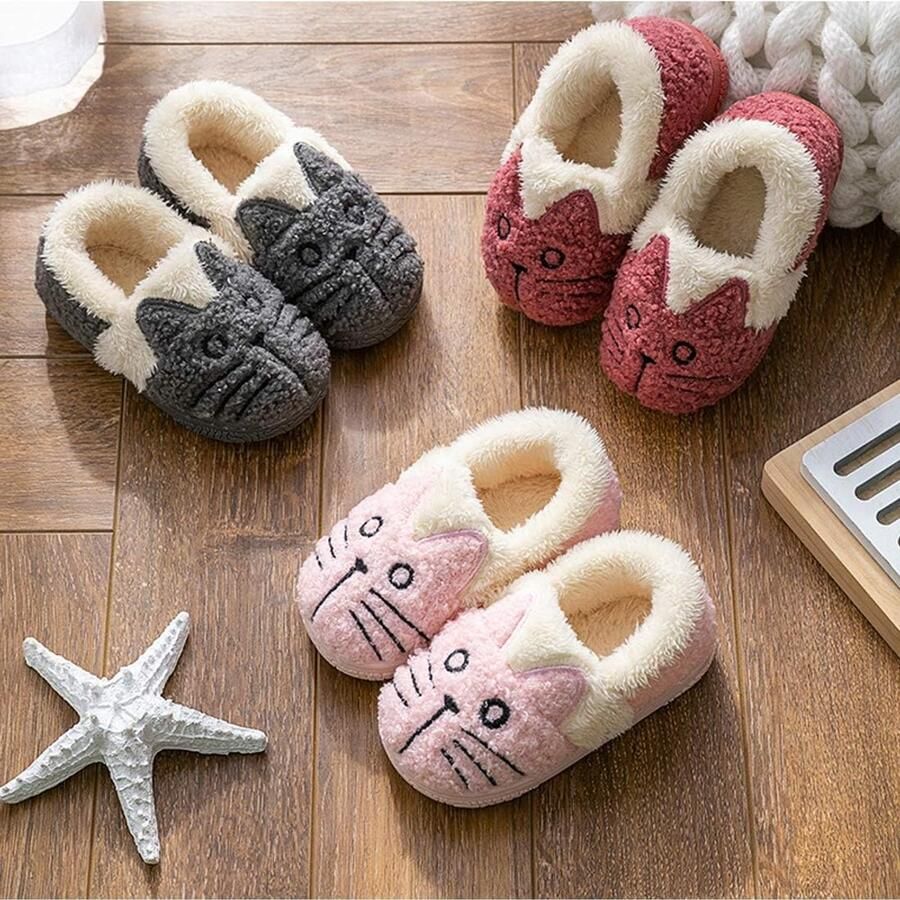 Sloffen Pluche Jongens Katoenen Pantoffels Kinderen Warme Kat Zachte Winter Cartoon Lichtgewicht Antislip 25-26 EU (Labelgrootte: 18-19) Rood2