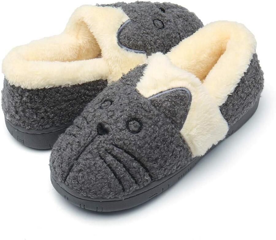 Sloffen Pluche Jongens Katoenen Pantoffels Kinderen Warme Kat Zachte Winter Cartoon Lichtgewicht Antislip 23-24 EU (Labelgrootte: 16-17) Grijs2