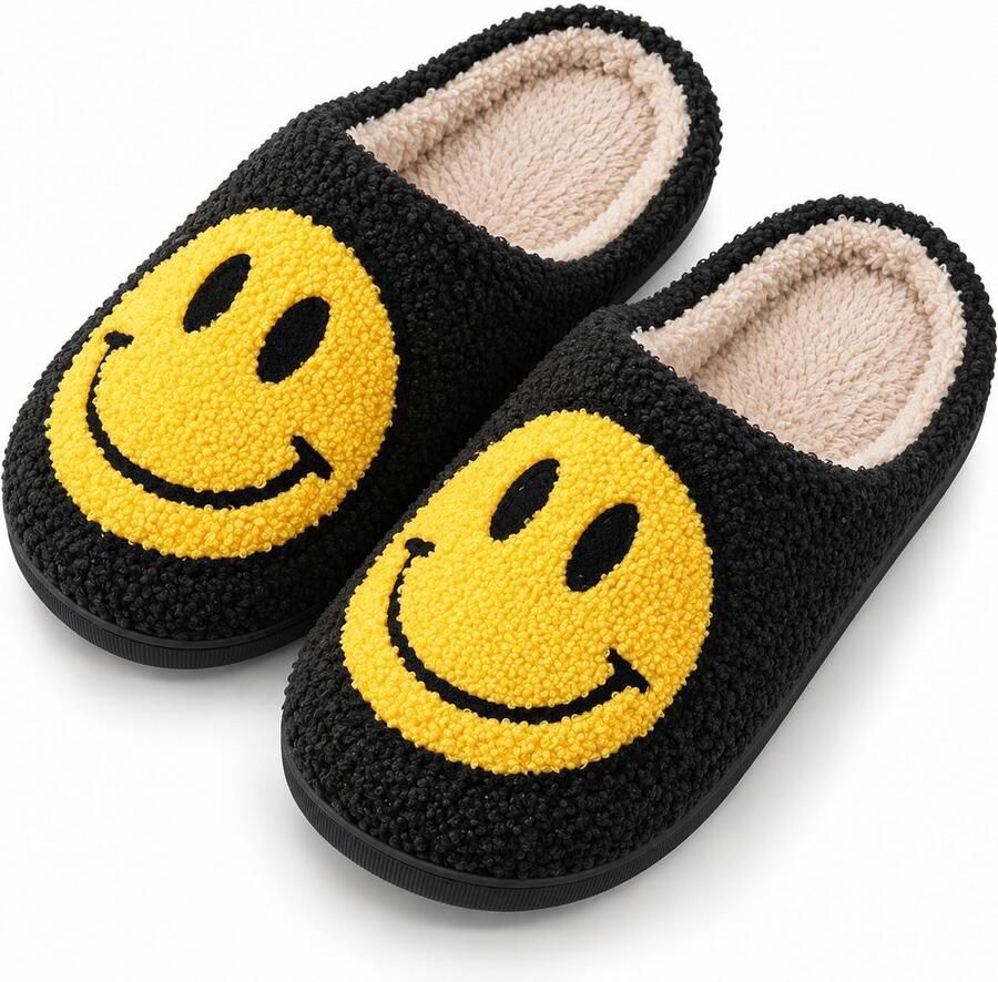 Smiley Sloffen & Warme Pantoffels Fluffy Gevoerd Instapmodel Antislip Zool Zwart Geel