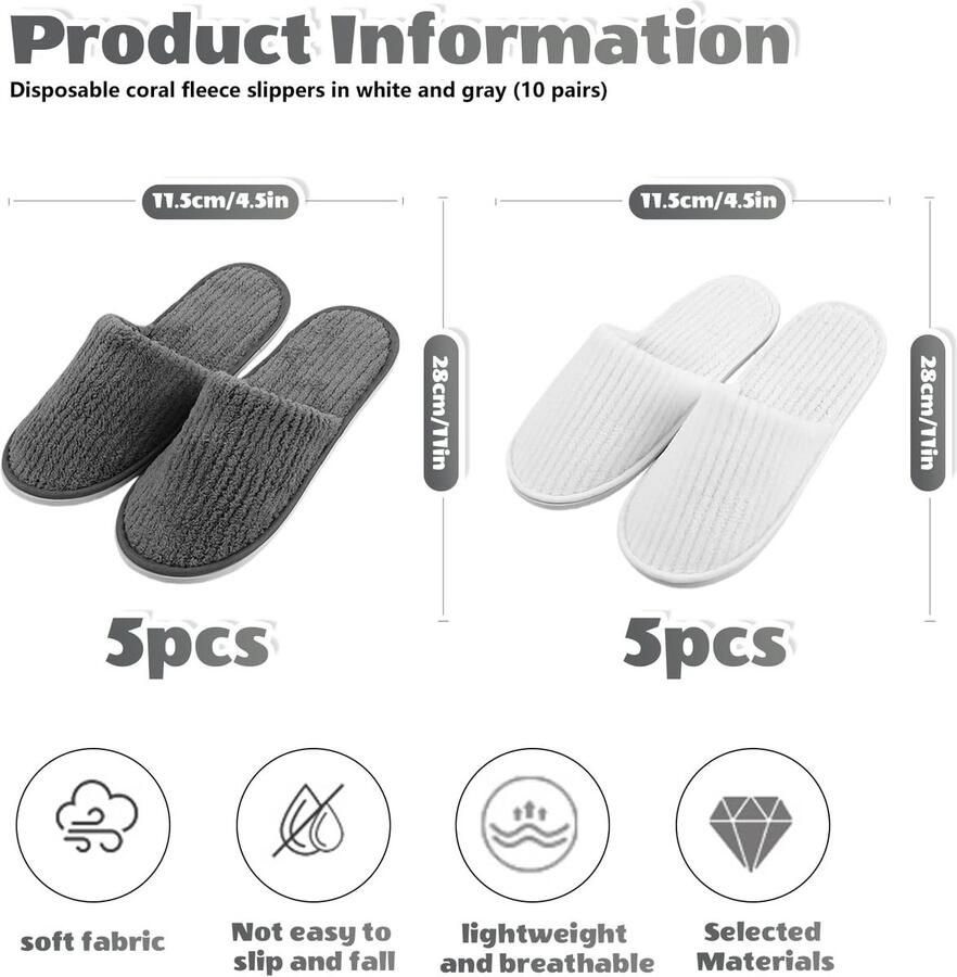 SnelShoppen 10 Paar Gastenpantoffels Hotelslippers Badstof Slippers met Gesloten Tenen Universele Wasbaar en Antislip Koraalvlies