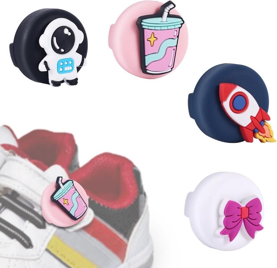SnelShoppen 4 Stuks Airtag Houder voor Schoenen Schattige Silicone Clip voor Sandalen Sneakers en Laarzen Unieke Ontwerpen zoals Raketten en Astr