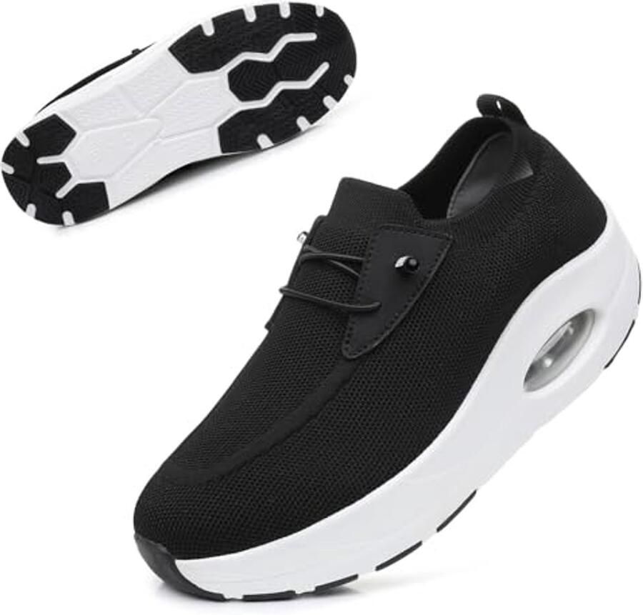 SnelShoppen Ademende Mesh Wandelschoenen Dames met Elastische Riem Lichte Luchtkussen Sneakers voor Fitness Joggen Zwart