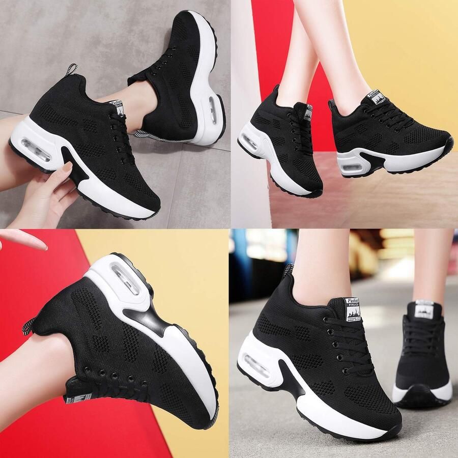 SnelShoppen AONEGOLD Sneakers met Sleehak voor Dames Zwarte Hardloopschoenen Veterschoenen voor Gym Fitness Wandelen Vrijetijdsschoenen