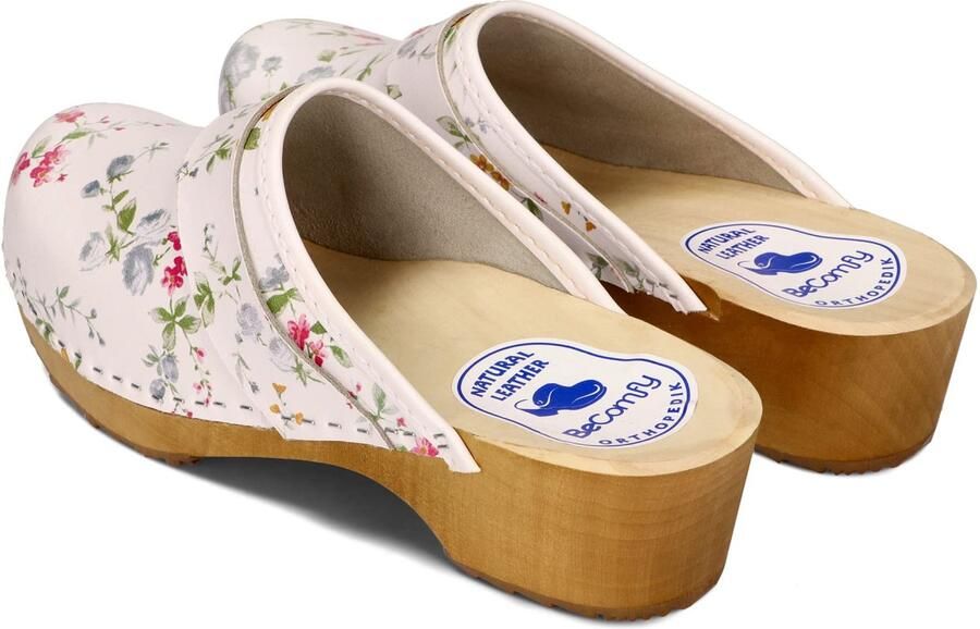 SnelShoppen BeComfy Damesklompen Houten Schoenen met Houten Zool Echt Leer Kleurrijke Bloemen EU Comfortabele Klompen voor Thuis Tui