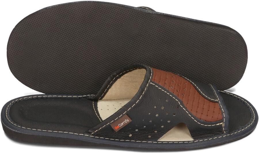 SnelShoppen BeComfy Leren Herenpantoffels Slippers Zwart Lichtbruin 40-46 EU Comfortabele Zomerse Pantoffels voor Thuis en Tuin