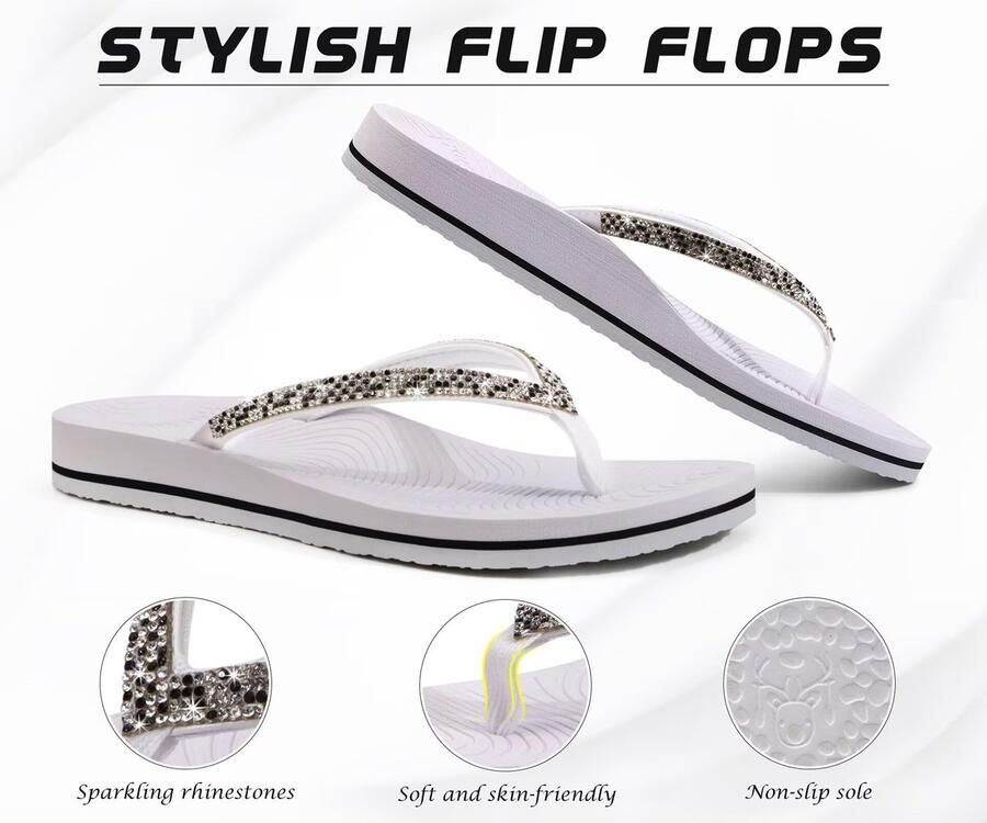 SnelShoppen Comfortabele KuaiLu Dames Strass Teenslippers met Voetboog Steuning Zomer Sandalen voor Strand en Reizen Orthopedische Instapmodel