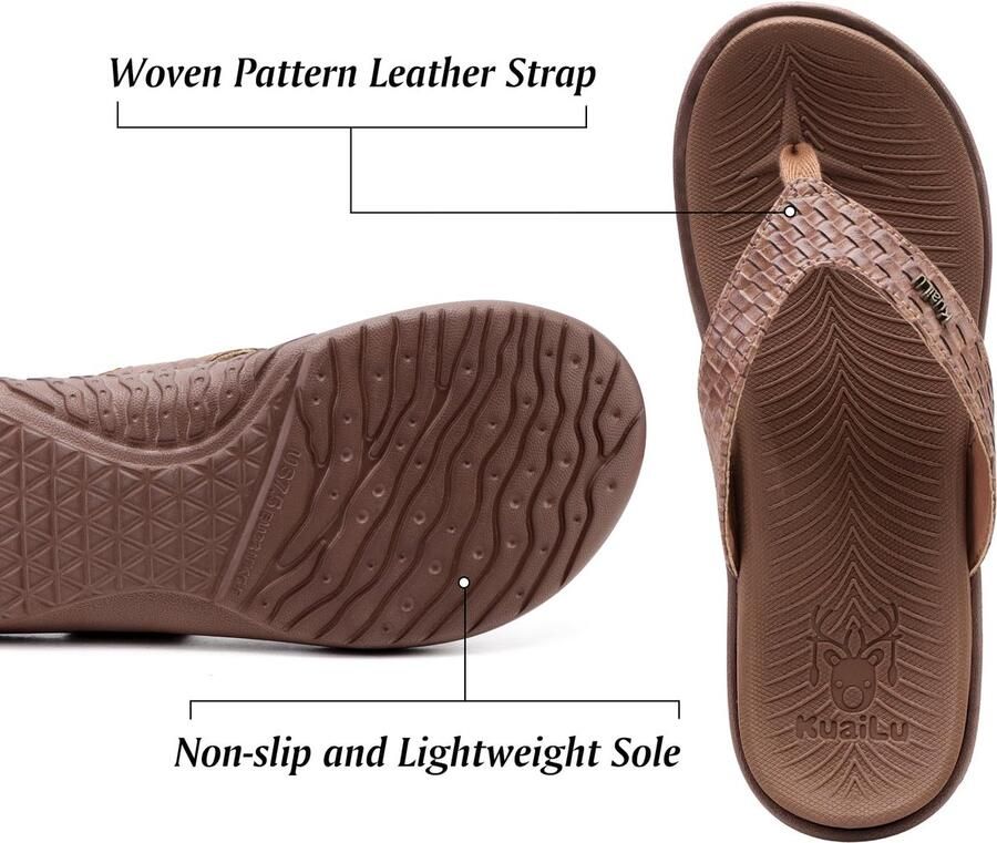 SnelShoppen Comfortabele KuaiLu Flip Flops Vrouwen leren teenslippers met steun voor de voetholte Bruin Perfect voor Zomer Strand Yoga en Pl