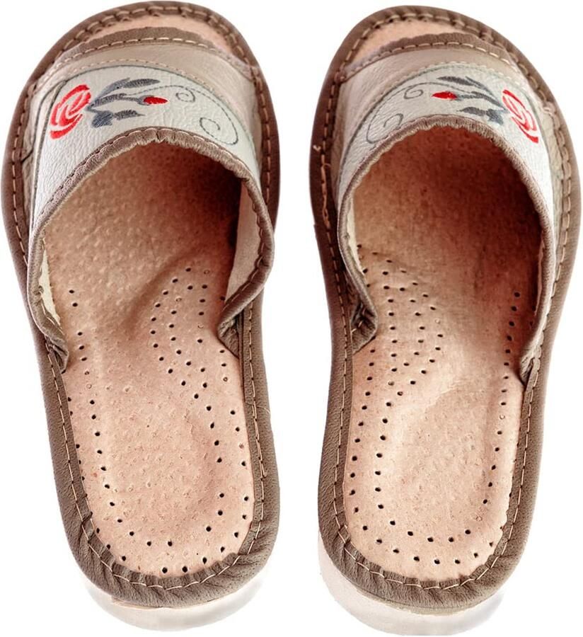 SnelShoppen Comfortabele Leren Pantoffels Dames Handgemaakte Huisschoenen Beige Perfect voor Thuisgebruik