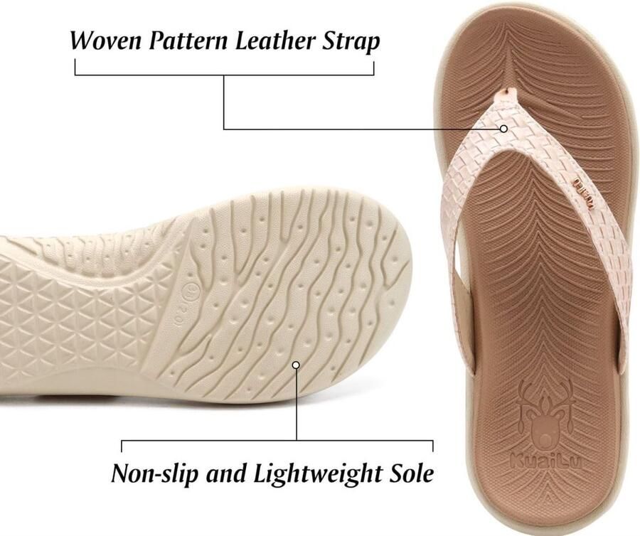 SnelShoppen Comfortabele Vrouwen Leren Flip Flops met Steun voor Voetholte Beige Wit Ideaal voor Strand Yoga en Zomer