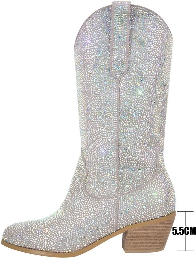 SnelShoppen Cow Laarzen Glitter Boots Western met Hak Zilver EU Perfect voor Feest Festivals en Avondjes Uit