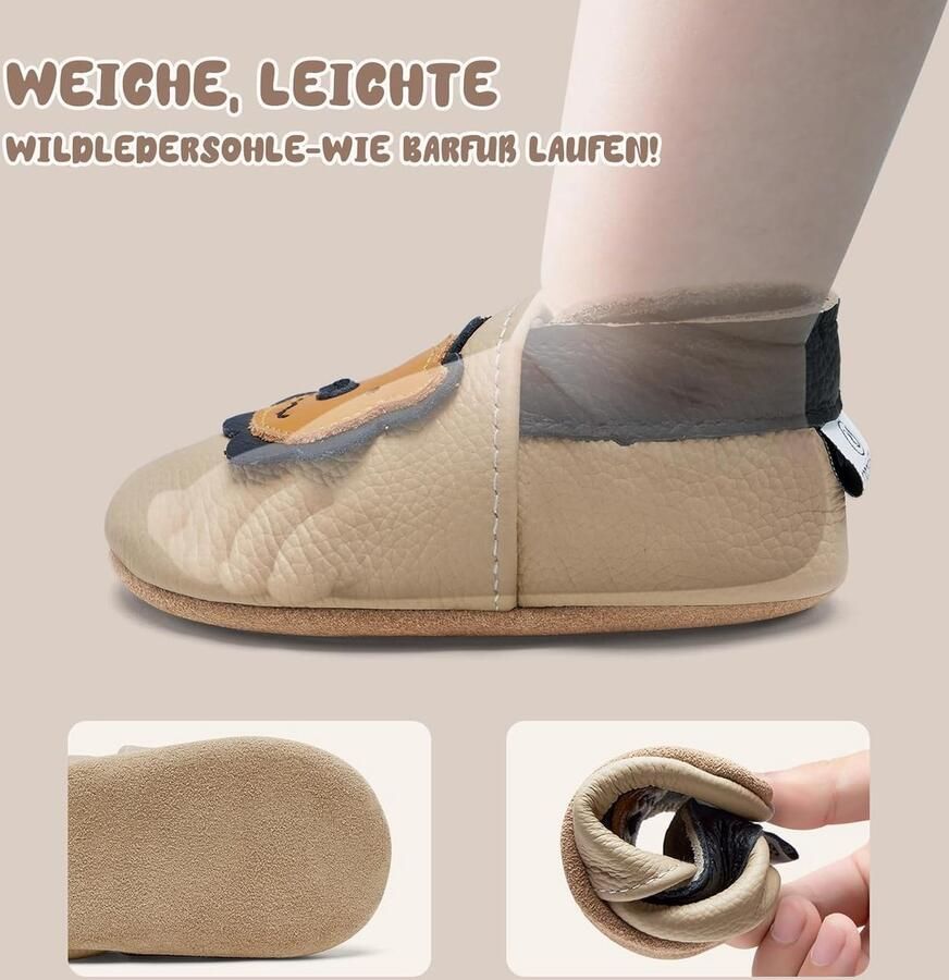 SnelShoppen Crawling Shoes Baby Booties voor en Zachte Leren Zool Beige Leeuw Eerste Schoentjes voor Binnen en