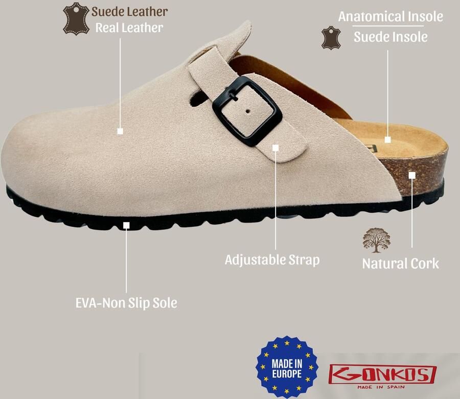 SnelShoppen Crème leren klompen met kurken binnenzool verstelbare gesp suède heren- ssandalen kwaliteitssandalen Made in Spain