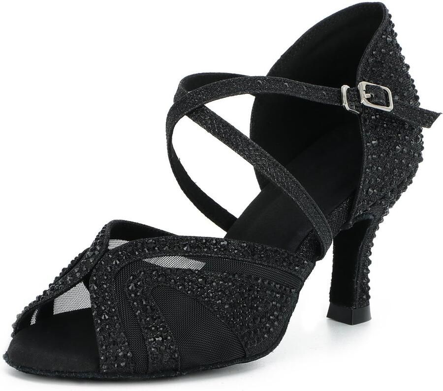 SnelShoppen Dames Ballroom Latin Dansschoenen met Strass Zwart Hak Salsa Tango Bachata Indoordansschoenen voor Bruiloft Feest Bal