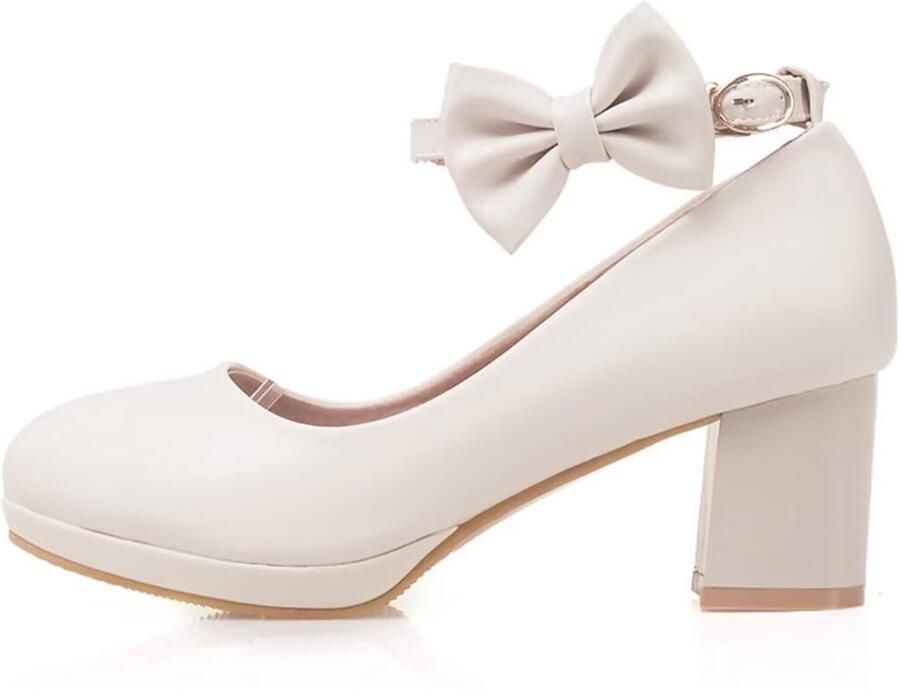 SnelShoppen Dames Blokhak Hoge Hakken Pumps met Riempje en Strik Beige EU Perfect voor Feest Bruiloft en Casual Gelegenheden