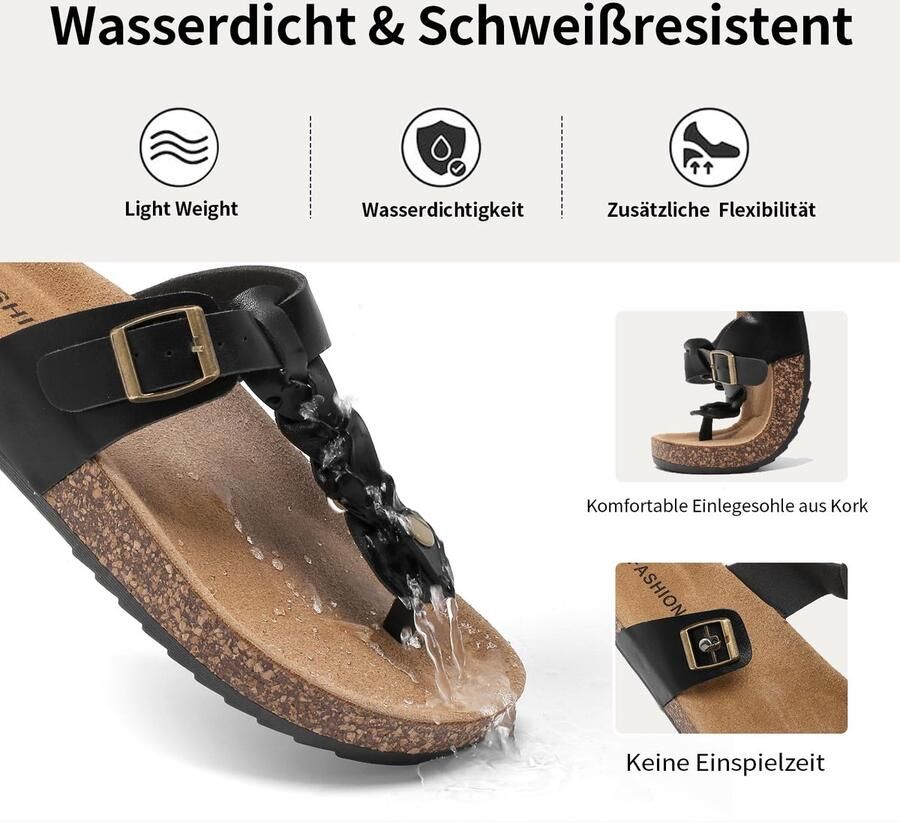 SnelShoppen Dames Casual Platte Teenslippers met Kurk Voetbed Zomerse Uniseks Flipflopsandalen met Verstelbare Gesp Slipvaste Badslippers in Zwart