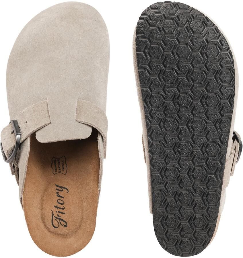 SnelShoppen Dames Clogs Slip-On Aardappelschoenen Lederen Pantoffels met Spiksplinterzool Kurk Voetbed Helder Taupe Comfortabel voor
