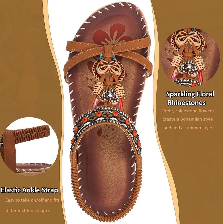 SnelShoppen Dames Elastische Achterband Sandalen Plat voor Zomer Strand Bruin EU Comfortabele Casual Schoenen voor Vakantie Tuin en Dageli