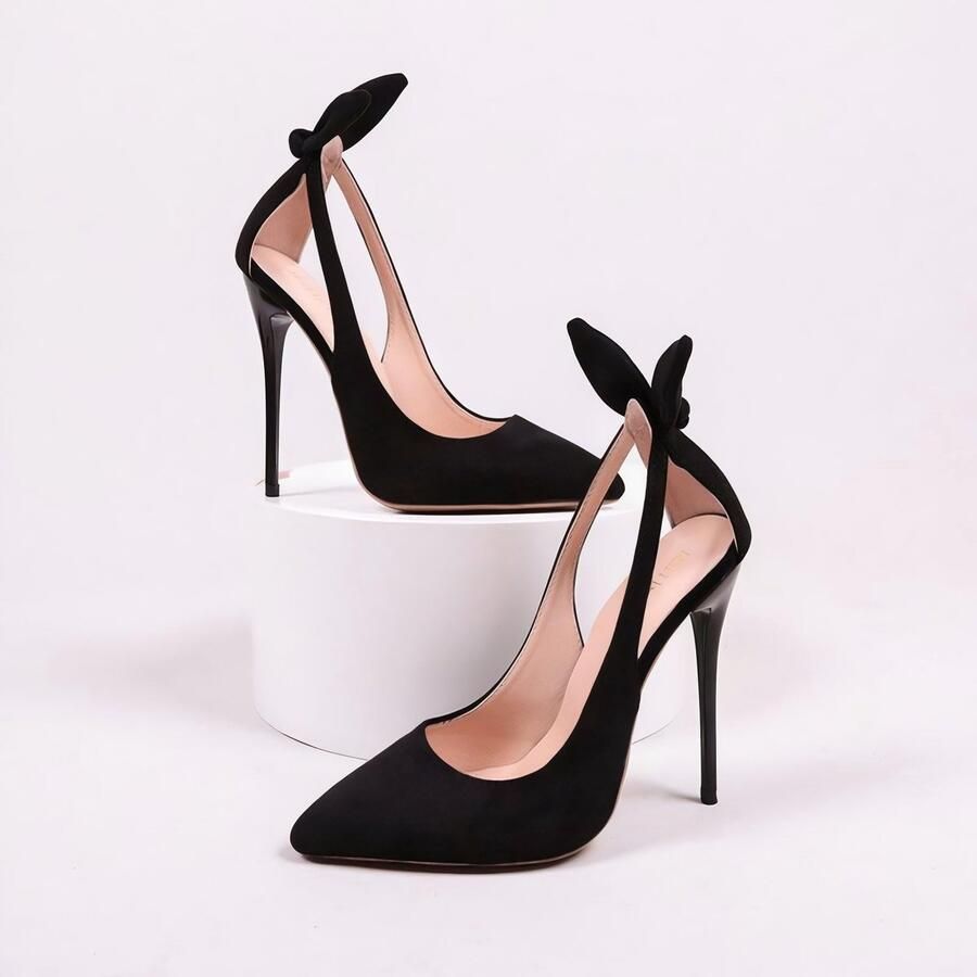 SnelShoppen Dames Hoge Hakken Spitse Neus Strikdetail Enkelslip-on Zwart Perfect Voor Feestelijke Gelegenheden