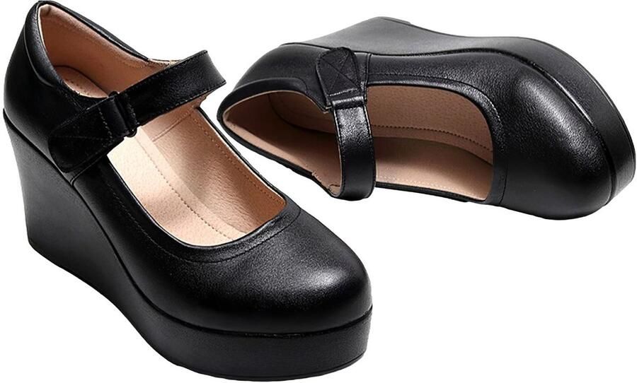 SnelShoppen Dames Hoge Plateau Sleehak Mary Jane Schoenen met Klittenband Leren Enkelbandje Pumps Zwart voor Feest en Casual Gelegenheden