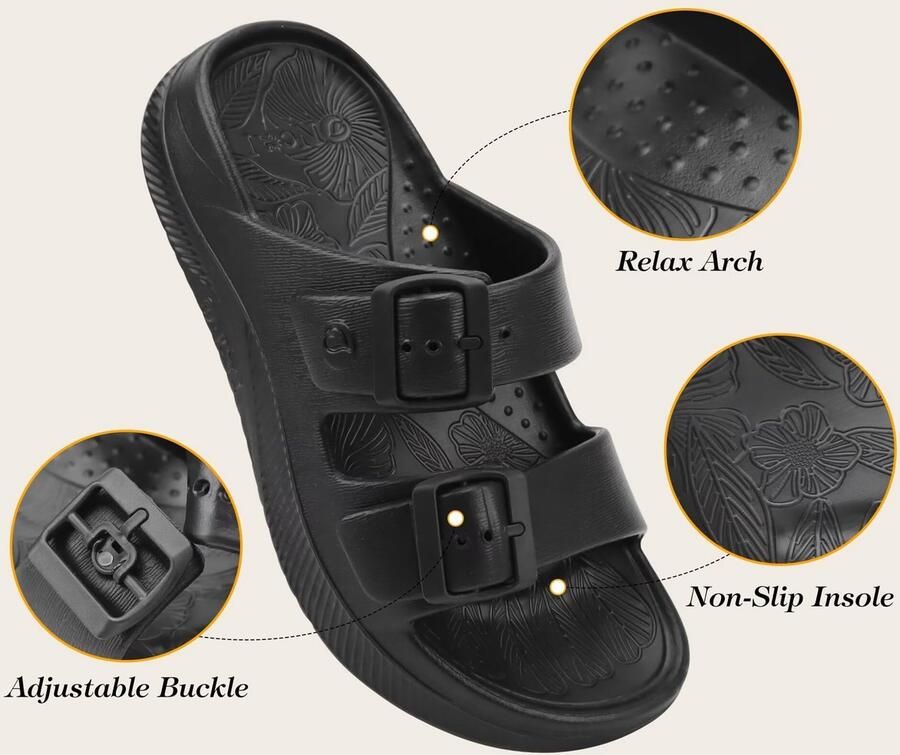 SnelShoppen Dames Instapsandalen Sportieve Slides met Aanpasbare Gespbanden Open Teen Dikke Vulling Comfortabele Rubberen Zolen Zwart v