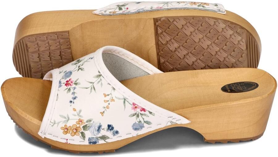SnelShoppen Dames Klompen Clogs Zomer Sandalen met Bloemen Echt Leer Houten Zool Wit Zwart Beige Rood EU (40)