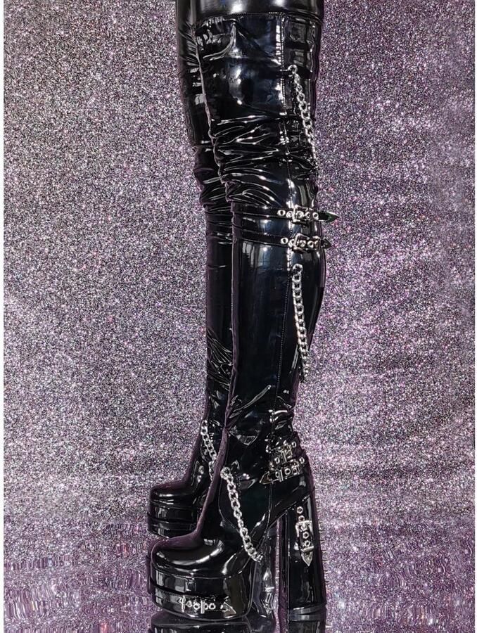 SnelShoppen Dames Laarzen Hoge Hakken Boven de Knie Platform Blokhak Punk Boots Zwart Lak 14 Trendy Schoenen voor Feest en Uitgaan