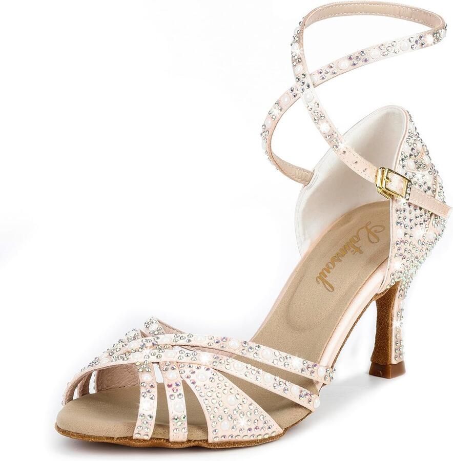 SnelShoppen Dames Latin dansschoenen met kristallen hoge hak verstelbare enkelband comfortabele antislip danssandalen voor ballroom en salsa