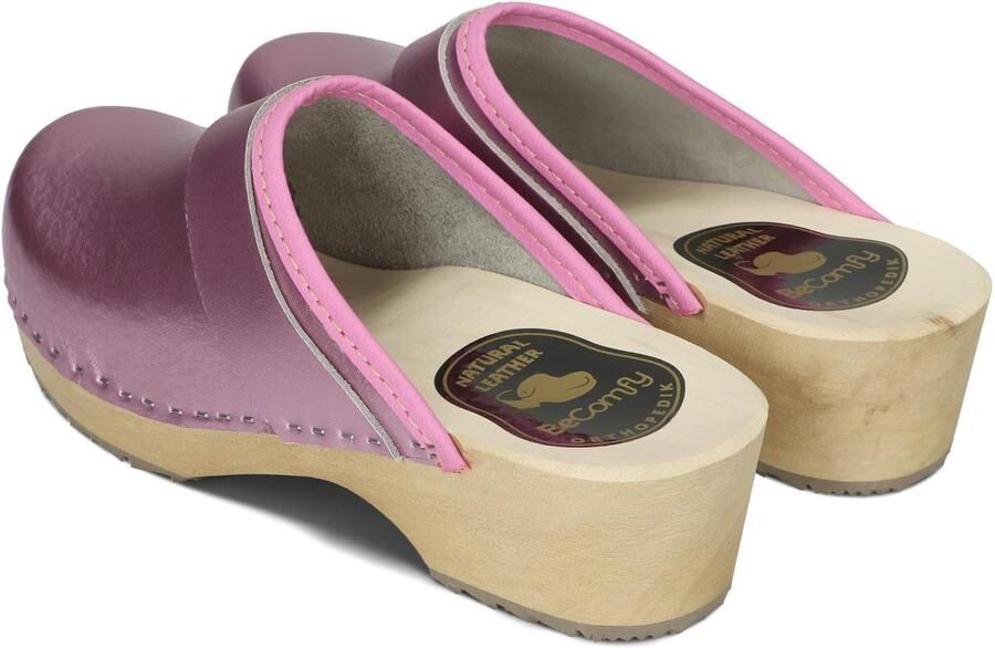 SnelShoppen Dames Leren Klompen Houten Schoenen met Houten Zool in Metallic Goud Zilver Roze Comfortabele en Stijlvolle Klompen voor Feest Tuin e