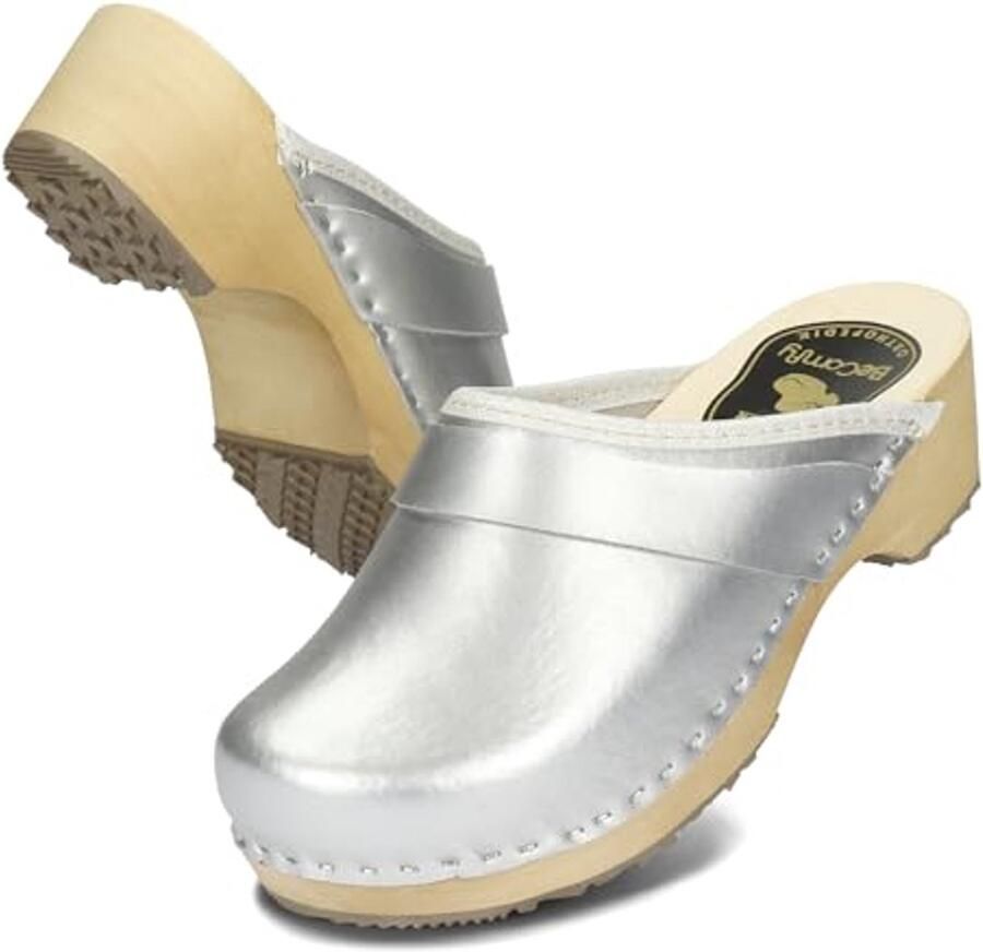 SnelShoppen Dames Leren Klompen Houten Schoenen met Houten Zool Metallic Goud Zilver Roze EU Comfortabele Mode Klompen voor Feest Tui
