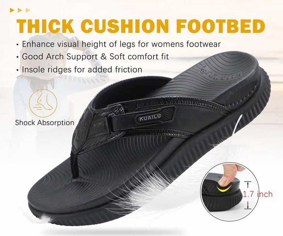 SnelShoppen Dames Orthotische Flip Flops met Arch Support Zomer Wandelsandalen van Leer Dikke Kussen Slip On Sandalen Casual Buitenshuis Zwa