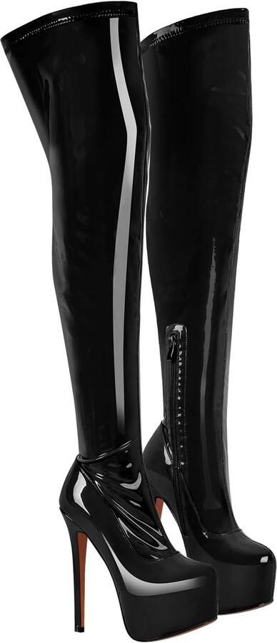 SnelShoppen Dames Overknee Laarzen Tot Over de Knie met Stretch Stiletto Hak Plateauzool Laklook Trendy Boots voor Feest & Casual Gebruik