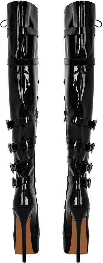 SnelShoppen Dames Plateau Laarzen Overknie Boots Stilettos Hoge Hakken Punk Lakzwart EU Perfect voor Feestjes en Avonduitjes