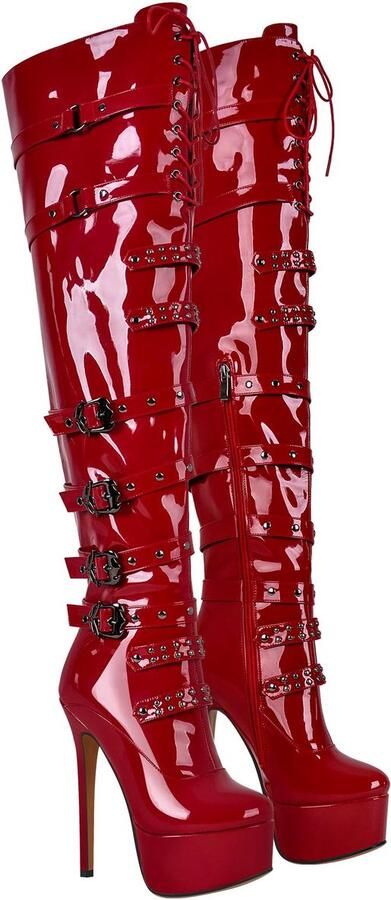 SnelShoppen Dames Plateaulaarzen Overknee Boots Stilettos Hoge Hakken Lakrood 43 EU Feestelijke Laarzen voor Avonden Uit